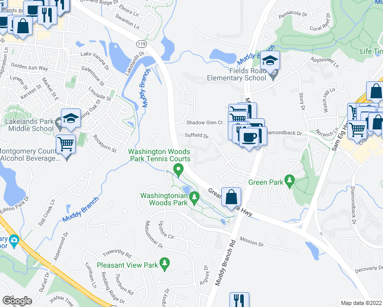 map of restaurants, bars, coffee shops, grocery stores, and more near 108 Leafcup Court in Gaithersburg