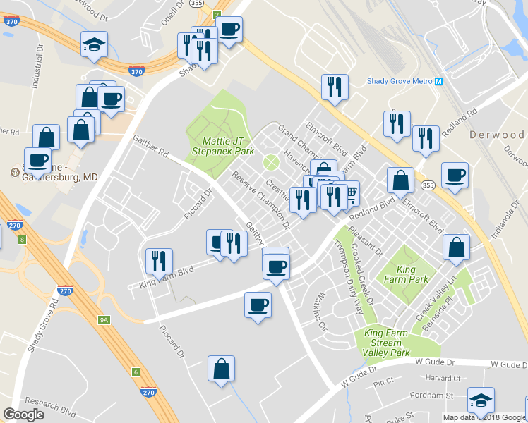 map of restaurants, bars, coffee shops, grocery stores, and more near 705 Garden View Way in Rockville