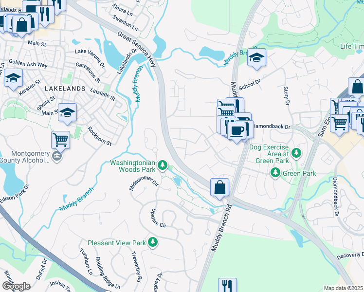 map of restaurants, bars, coffee shops, grocery stores, and more near 108 Leafcup Court in Gaithersburg