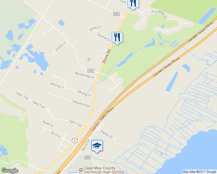 map of restaurants, bars, coffee shops, grocery stores, and more near 212 Springdale Court in Cape May County
