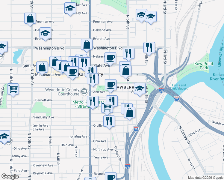 map of restaurants, bars, coffee shops, grocery stores, and more near 805 North 6th Street in Kansas City