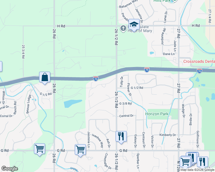 map of restaurants, bars, coffee shops, grocery stores, and more near 2643 Cottonwood Drive in Grand Junction