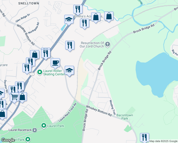 map of restaurants, bars, coffee shops, grocery stores, and more near 3623 Duckhorn Way in Laurel