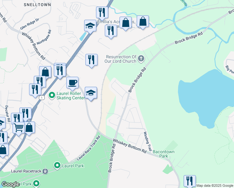 map of restaurants, bars, coffee shops, grocery stores, and more near 3623 Duckhorn Way in Laurel