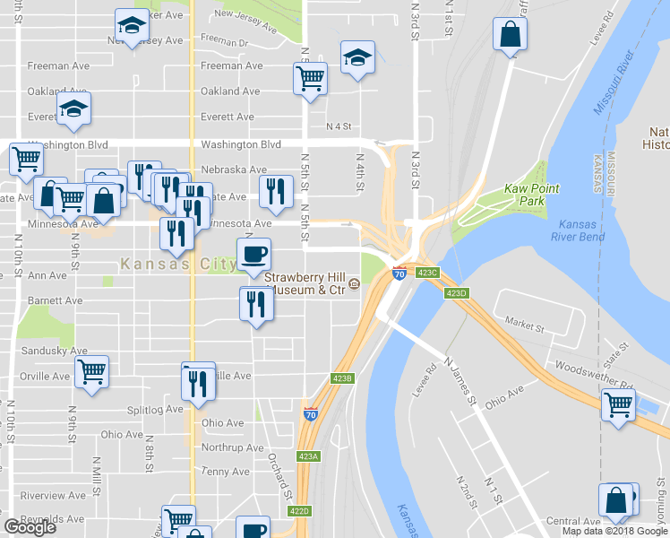 map of restaurants, bars, coffee shops, grocery stores, and more near 426 Ann Avenue in Kansas City