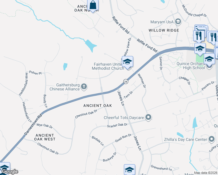 map of restaurants, bars, coffee shops, grocery stores, and more near 12905 Darnestown Road in Gaithersburg