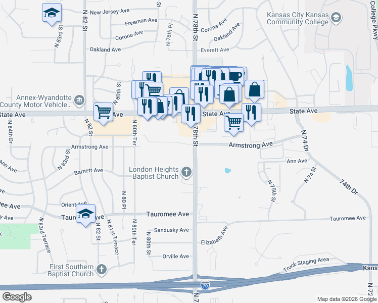 map of restaurants, bars, coffee shops, grocery stores, and more near 7822 Armstrong Avenue in Kansas City