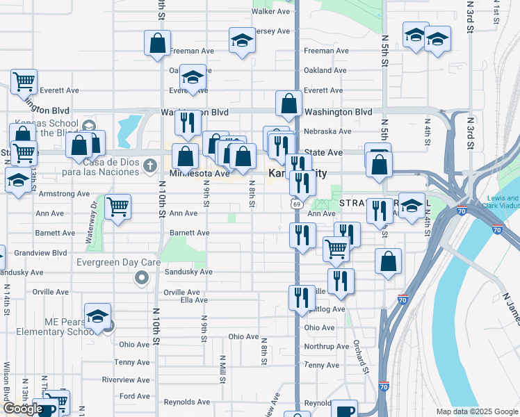 map of restaurants, bars, coffee shops, grocery stores, and more near 748 Ann Avenue in Kansas City