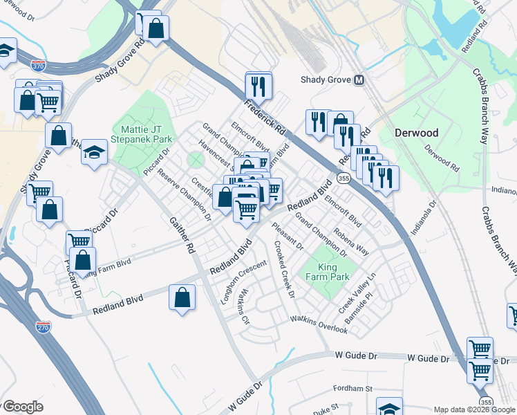 map of restaurants, bars, coffee shops, grocery stores, and more near 801 Pleasant Drive in Rockville