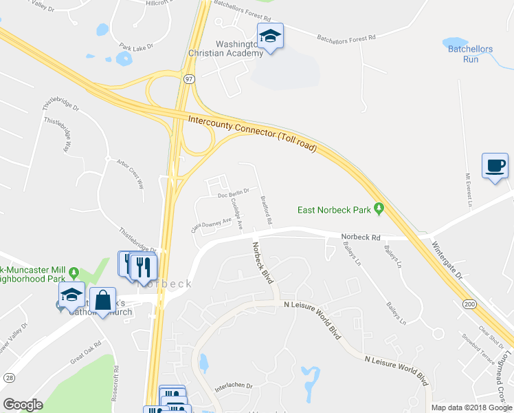 map of restaurants, bars, coffee shops, grocery stores, and more near 15720 Bradford Road in Silver Spring