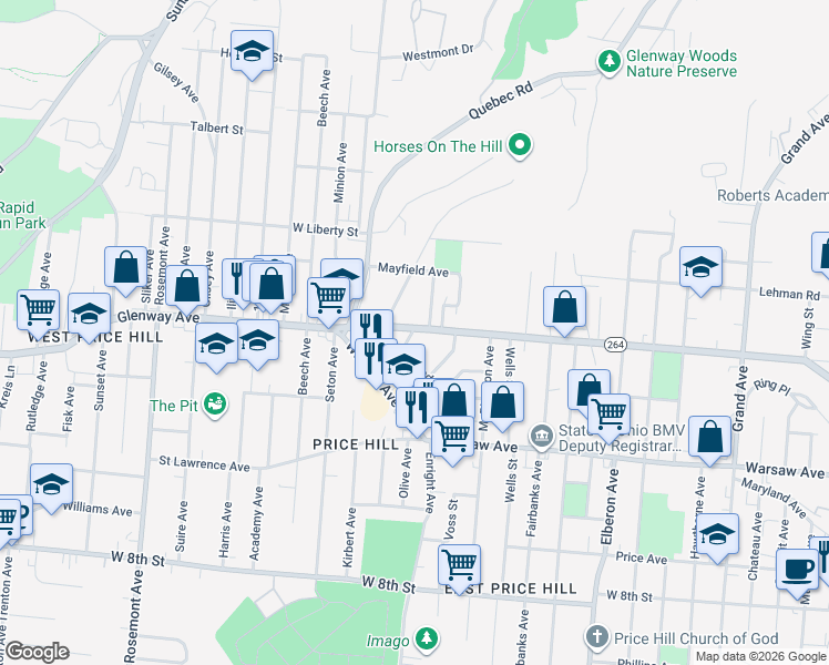 map of restaurants, bars, coffee shops, grocery stores, and more near 3655 Glenway Avenue in Cincinnati