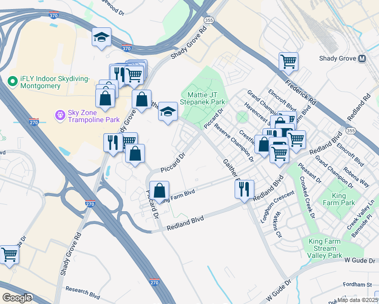 map of restaurants, bars, coffee shops, grocery stores, and more near 1625 Piccard Drive in Rockville