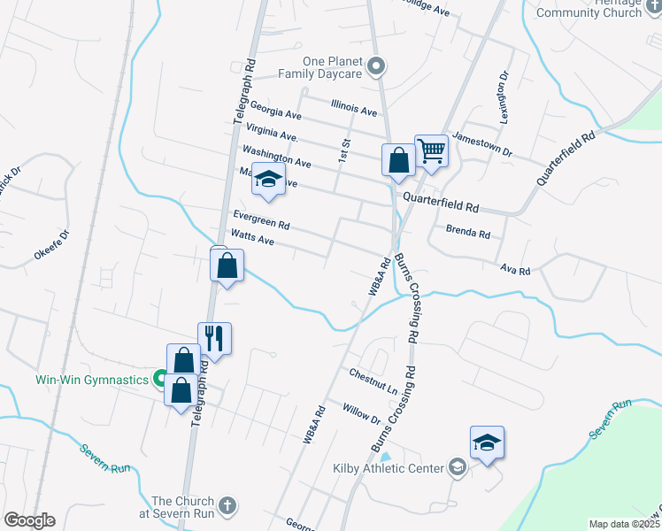 map of restaurants, bars, coffee shops, grocery stores, and more near 8109 Beverly Road in Severn