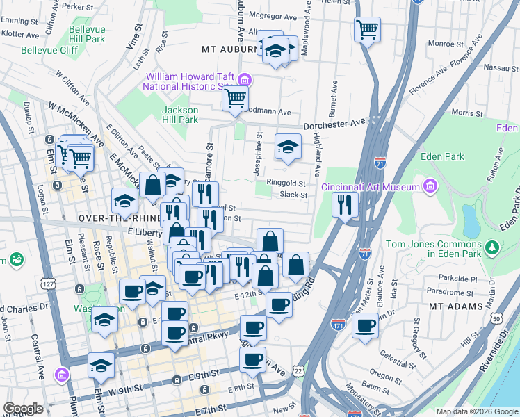 map of restaurants, bars, coffee shops, grocery stores, and more near 440 Boal Street in Cincinnati