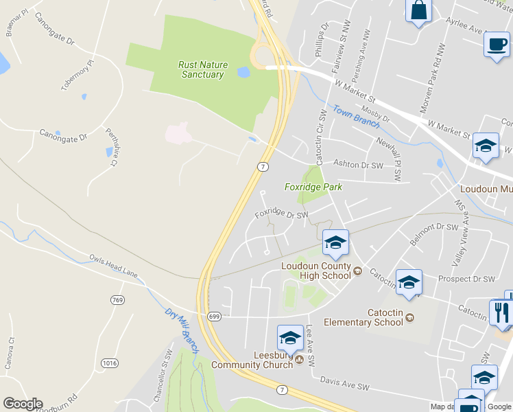 map of restaurants, bars, coffee shops, grocery stores, and more near 465 Foxridge Drive Southwest in Leesburg