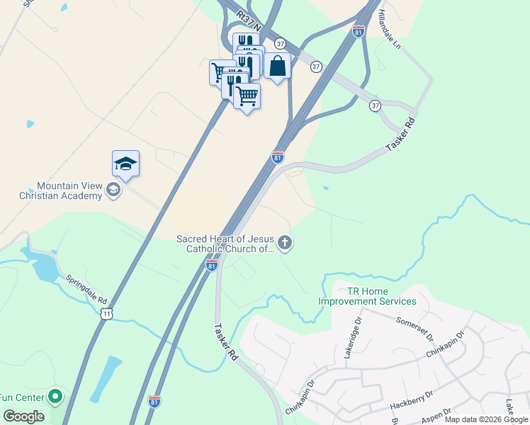 map of restaurants, bars, coffee shops, grocery stores, and more near 120 Agape Way in Stephens City