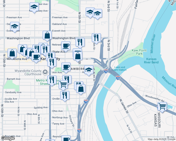 map of restaurants, bars, coffee shops, grocery stores, and more near 426 Ann Avenue in Kansas City