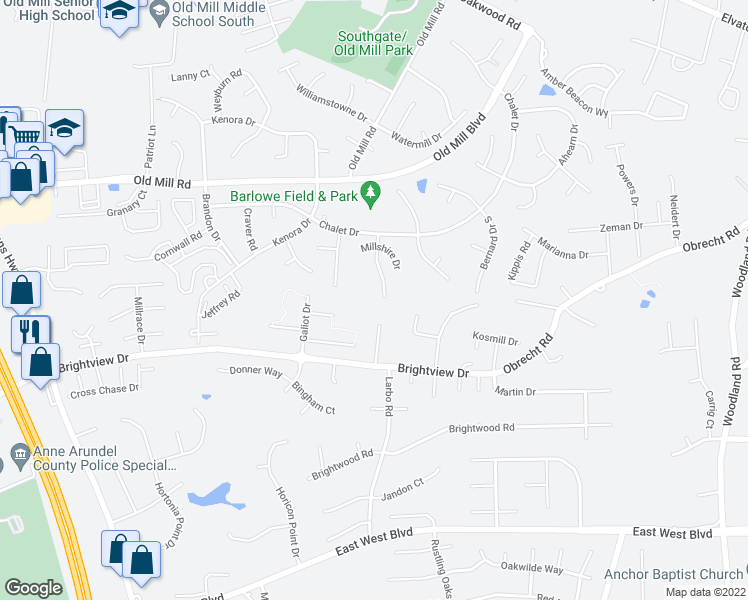 map of restaurants, bars, coffee shops, grocery stores, and more near 524 Valleywood Road in Millersville