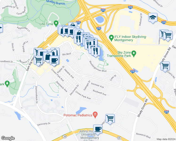 map of restaurants, bars, coffee shops, grocery stores, and more near 9659 Athens Place in Gaithersburg