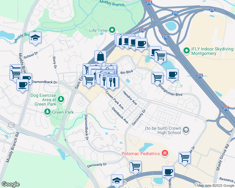 map of restaurants, bars, coffee shops, grocery stores, and more near Kepler Drive in Gaithersburg