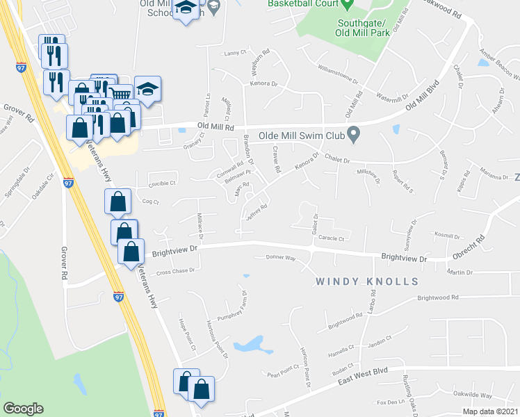 map of restaurants, bars, coffee shops, grocery stores, and more near Jeffrey Road in Glen Burnie