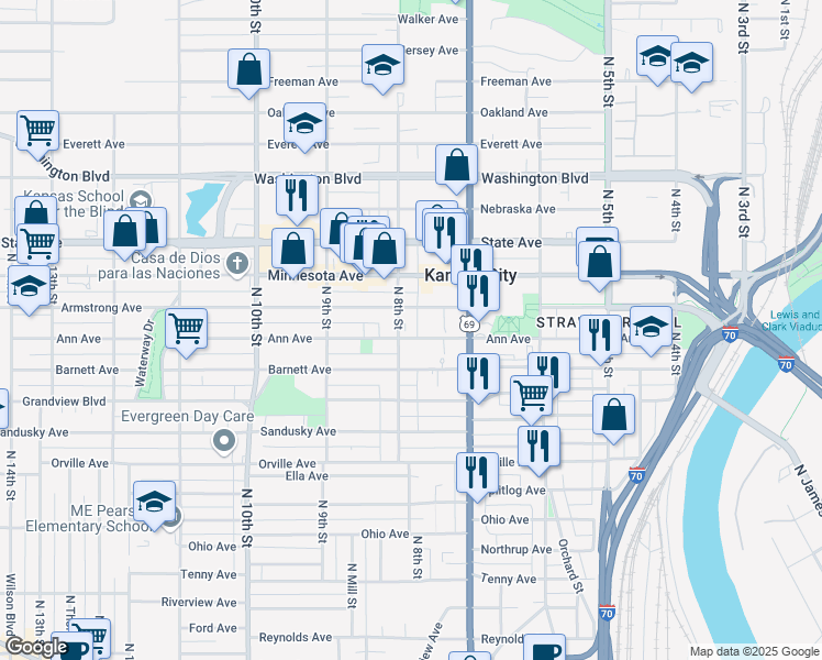 map of restaurants, bars, coffee shops, grocery stores, and more near 748 Ann Avenue in Kansas City