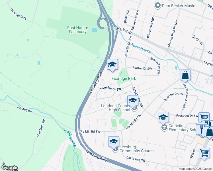 map of restaurants, bars, coffee shops, grocery stores, and more near 433 Foxridge Drive Southwest in Leesburg