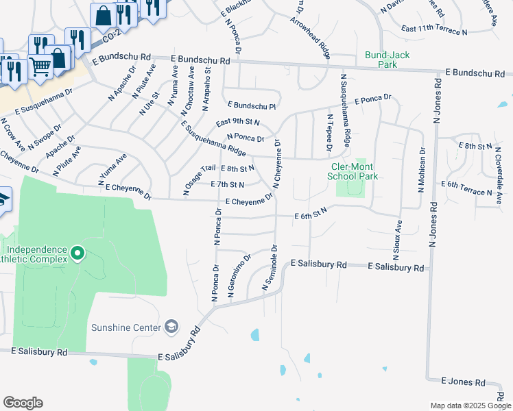 map of restaurants, bars, coffee shops, grocery stores, and more near 18605 East Cheyenne Drive in Independence