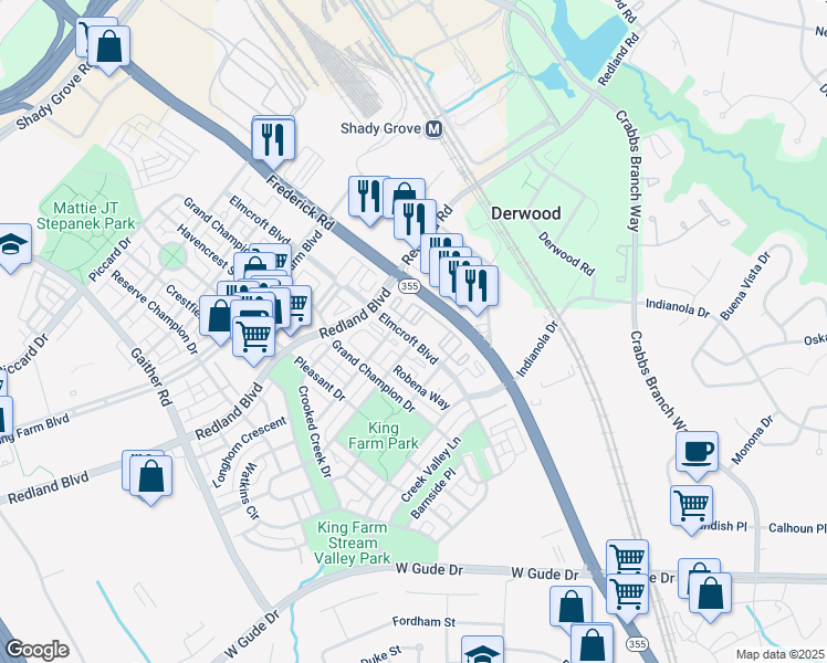 map of restaurants, bars, coffee shops, grocery stores, and more near 545 Elmcroft Boulevard in Rockville