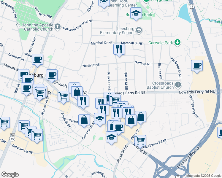 map of restaurants, bars, coffee shops, grocery stores, and more near 108 Prince Street Northeast in Leesburg