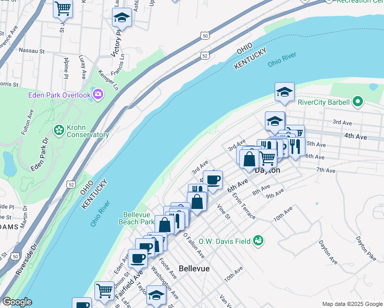 map of restaurants, bars, coffee shops, grocery stores, and more near 429 Manhattan Boulevard in Dayton