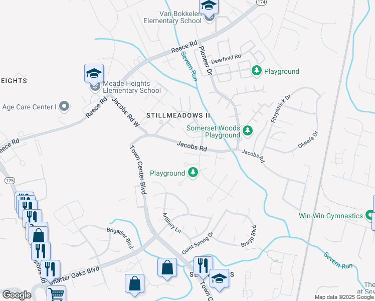 map of restaurants, bars, coffee shops, grocery stores, and more near 1842 Blue Jay Court in Severn