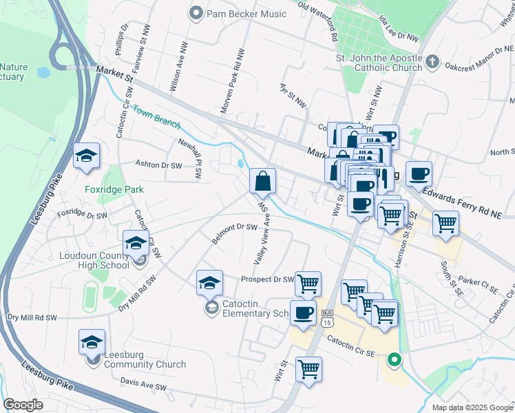map of restaurants, bars, coffee shops, grocery stores, and more near 201 Valley View Avenue Southwest in Leesburg