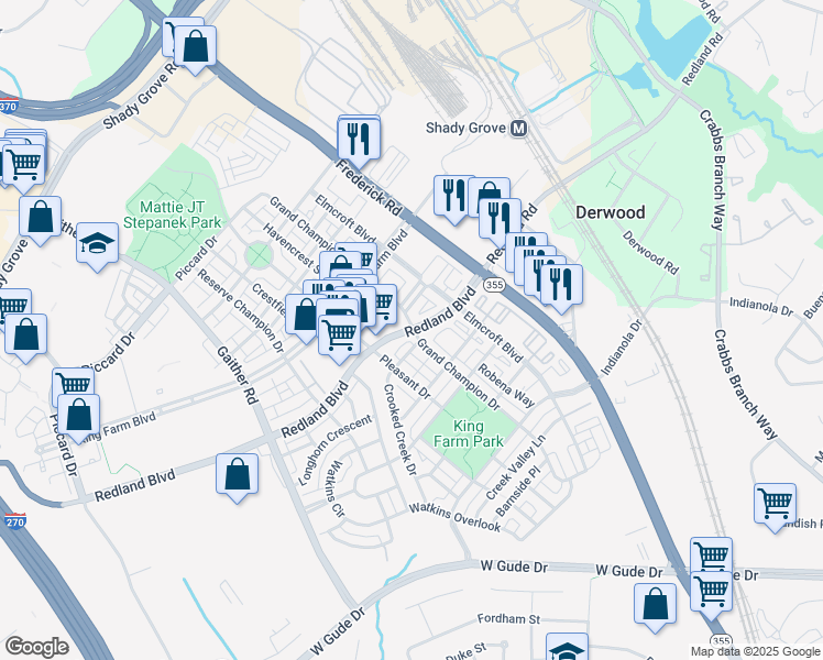 map of restaurants, bars, coffee shops, grocery stores, and more near 305 Redland Boulevard in Rockville