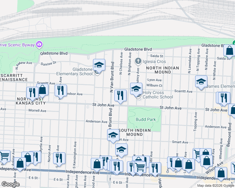 map of restaurants, bars, coffee shops, grocery stores, and more near 133 North Van Brunt Boulevard in Kansas City
