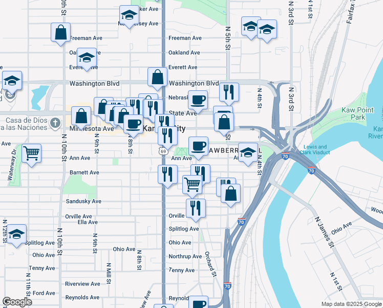 map of restaurants, bars, coffee shops, grocery stores, and more near 810 North 6th Street in Kansas City