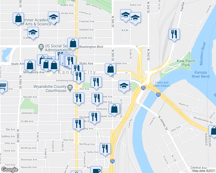 map of restaurants, bars, coffee shops, grocery stores, and more near 800 North 5th Street in Kansas City