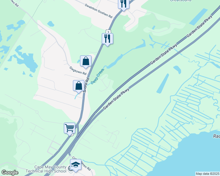map of restaurants, bars, coffee shops, grocery stores, and more near 301 West Hampton Court in Cape May County
