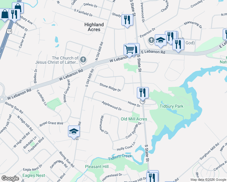 map of restaurants, bars, coffee shops, grocery stores, and more near 208 Stone Ridge Drive in Dover