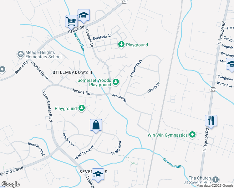 map of restaurants, bars, coffee shops, grocery stores, and more near 1774 Jacobs Meadow Drive in Severn