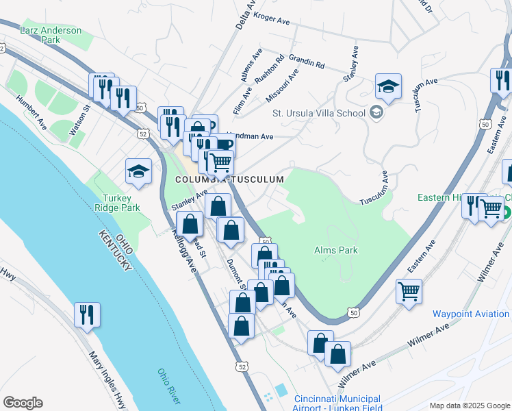 map of restaurants, bars, coffee shops, grocery stores, and more near 407 Tusculum Avenue in Cincinnati