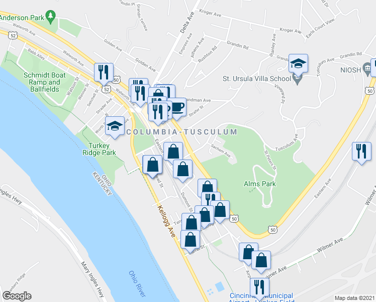 map of restaurants, bars, coffee shops, grocery stores, and more near 407 Tusculum Avenue in Cincinnati