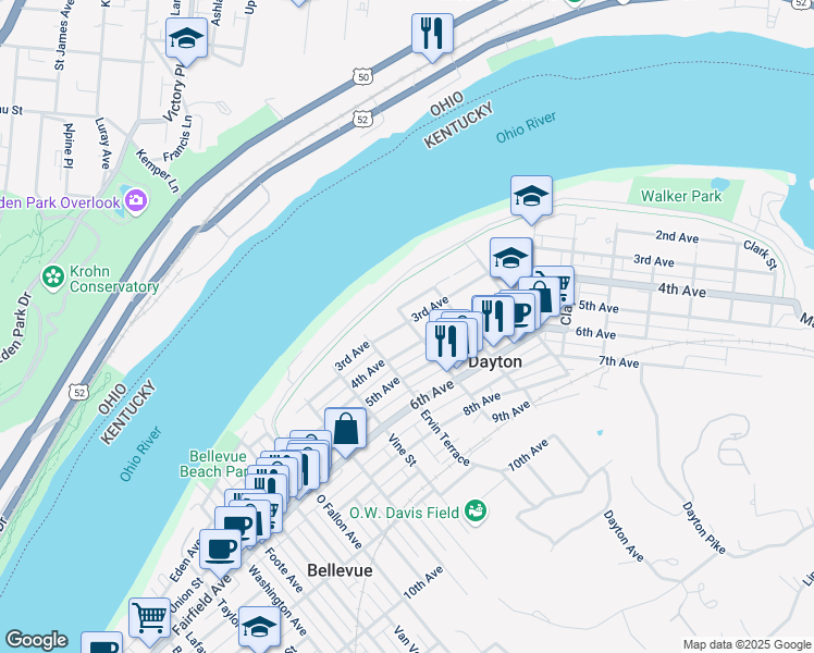 map of restaurants, bars, coffee shops, grocery stores, and more near 512 3rd Avenue in Dayton