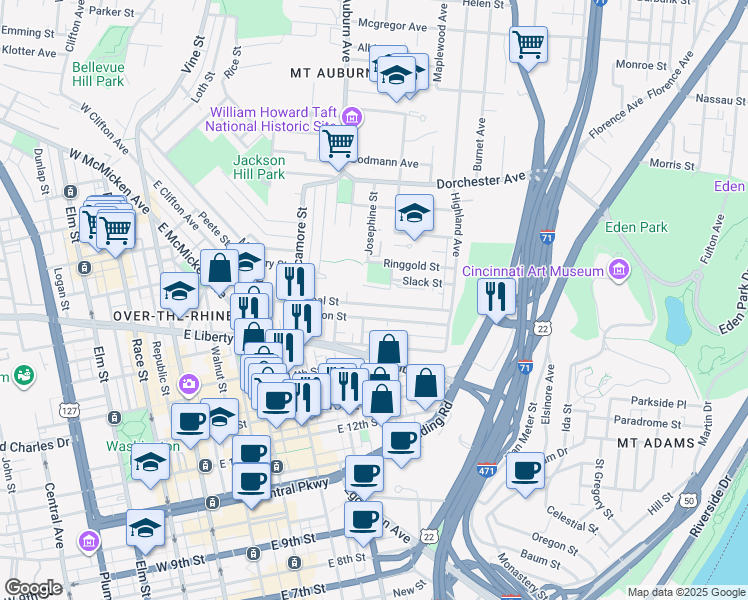 map of restaurants, bars, coffee shops, grocery stores, and more near 440 Boal Street in Cincinnati