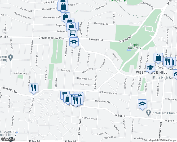 map of restaurants, bars, coffee shops, grocery stores, and more near 4723 Loretta Avenue in Cincinnati