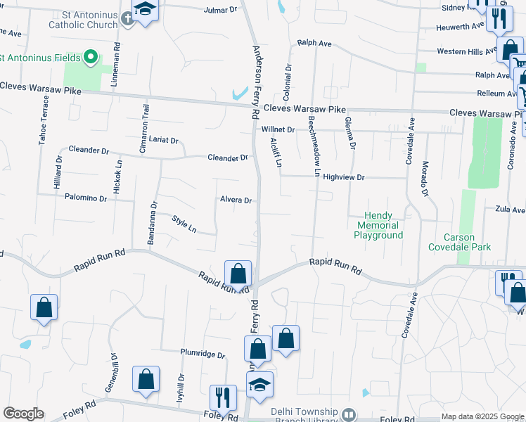 map of restaurants, bars, coffee shops, grocery stores, and more near 1063 Anderson Ferry Road in Cincinnati