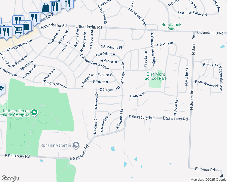 map of restaurants, bars, coffee shops, grocery stores, and more near 18605 East Cheyenne Drive in Independence