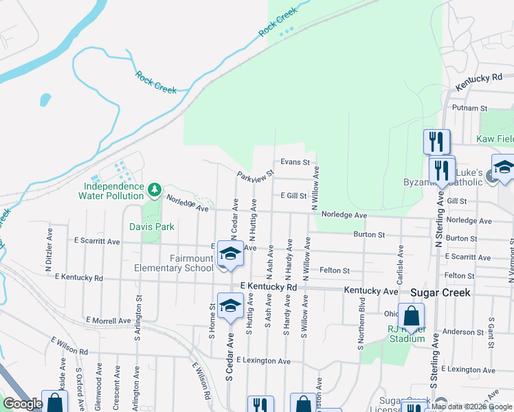 map of restaurants, bars, coffee shops, grocery stores, and more near 302 North Huttig Avenue in Independence