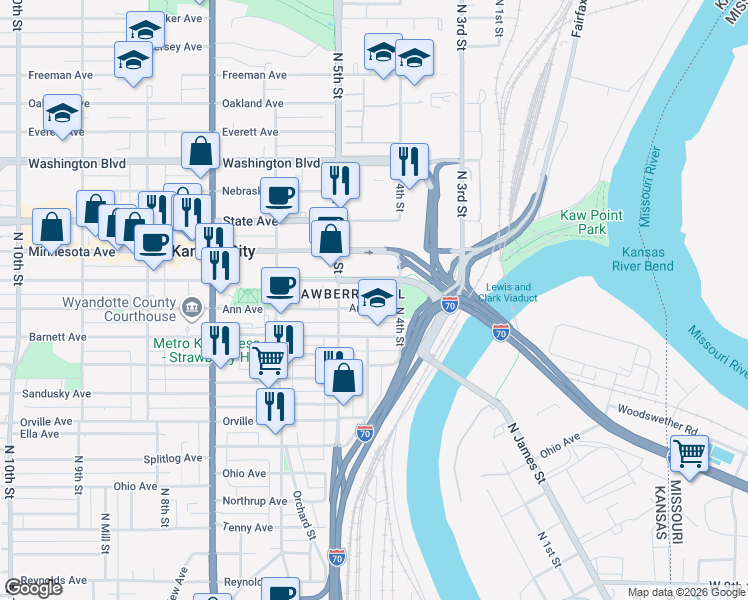 map of restaurants, bars, coffee shops, grocery stores, and more near 426 Ann Avenue in Kansas City