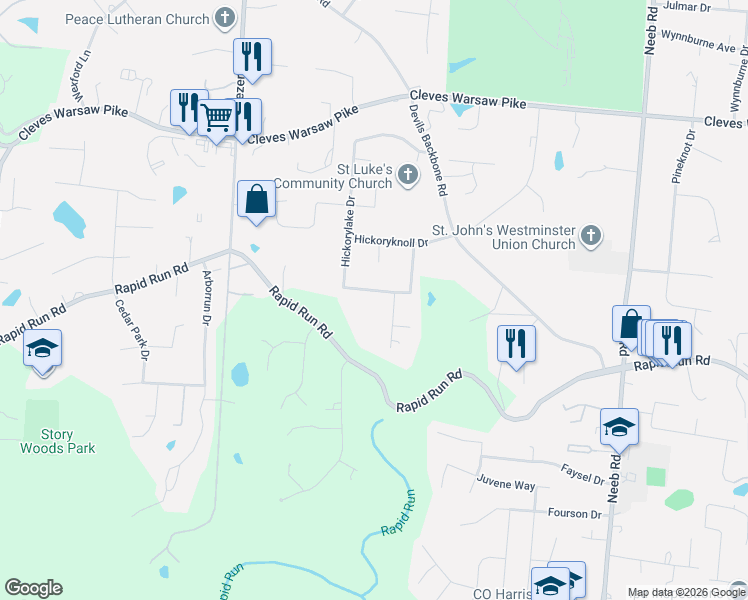 map of restaurants, bars, coffee shops, grocery stores, and more near 1147 Hickorylake Drive in Cincinnati